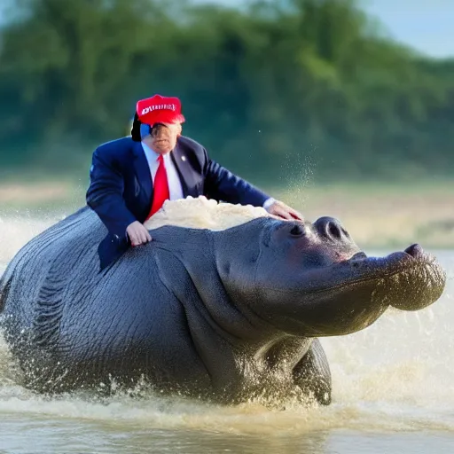Prompt: a photorealistic image of Donald Trump wearing a bikini, riding a hippopotamus, splashing in an African river
