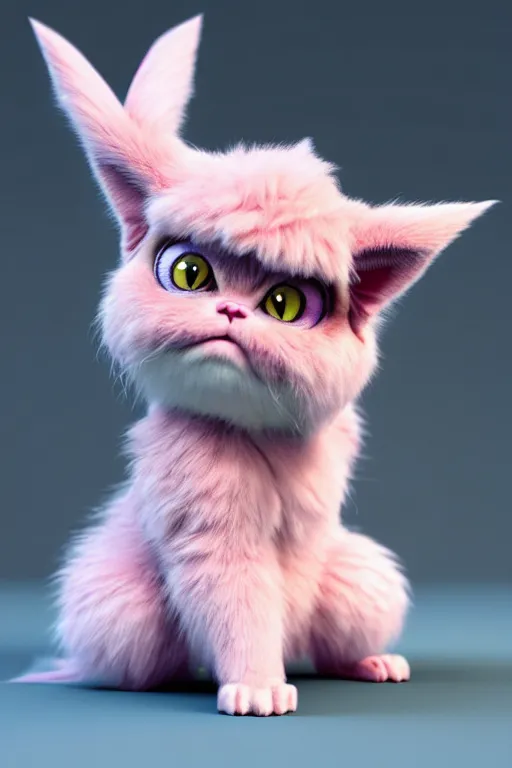 Prompt: high quality 3 d render hyperrealist very cute pastel fluffy! grumpy gargoyle cat hybrid, vray smooth, in the style of detective pikachu, hannah yata charlie immer, dramatic pink light, low angle, uhd 8 k, sharp focus