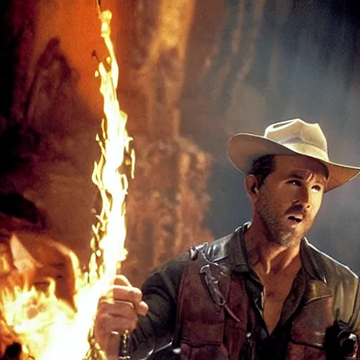 Prompt: Ryan Reynolds as Indiana Jones dropped the holy grail, action scene, cinematic still