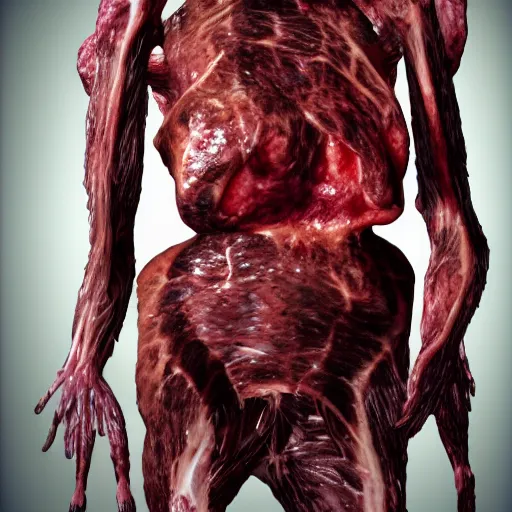 Image similar to A strange humanoid invader from another meat world stands in a modern room. Spikes, tumors, many eyes, veins, no skin. Bodyhorror style, without blurring, meat colors, extremely high detail, photorealism, 8k