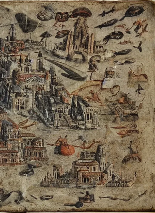 Prompt: ufo attacking an ancient city, photo of a 1 5 th century codex book, 8 k