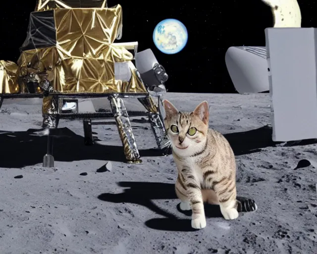 Image similar to a far away photo of a cat in a cat spacesuit on the moon, photorealistic