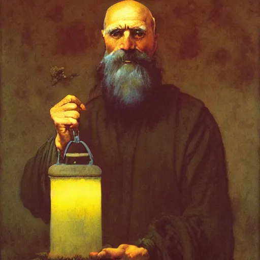 Prompt: Portrait Portrait of Diogenes the Cynic donning hobo costume whilst holding a lanthorn lantern whilst resting in an enormous wine cask winslow homer theodore gericault norman rockwell donato giancola john william waterhouse maxfield parrish mikhail vrubel arkhip kuindzhi astri lohne stained lacquer glaze