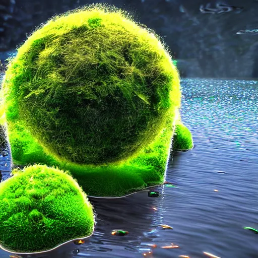 Prompt: man made of marimo moss balls running at the bottom of a lake, unreal engine, high detail