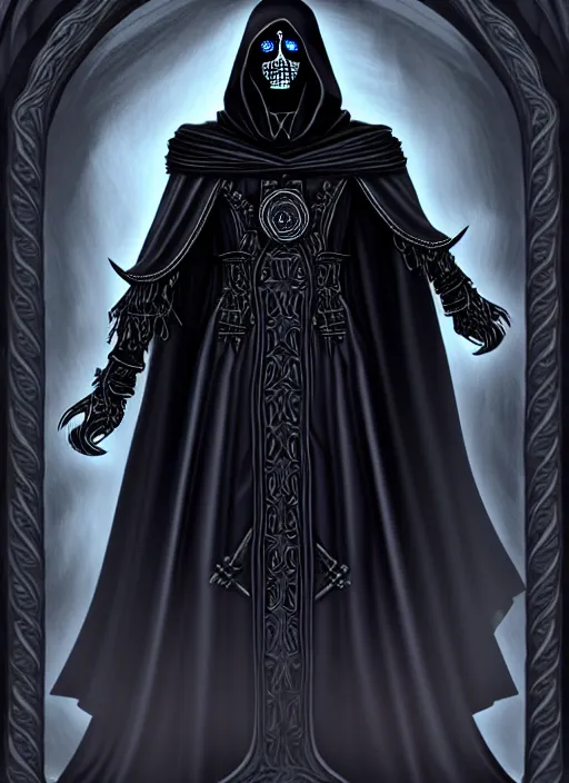 Prompt: ultradetailed artwork of the necromancer, wearing a black cloak, crisp