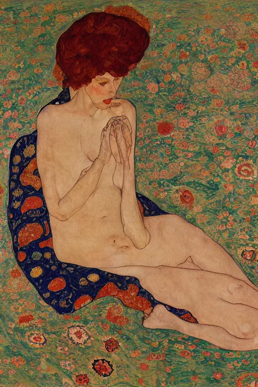 Image similar to girl waer detailed golden arabesque dress and lay down on a detailed navy persian carpet with a big tree palm persian pot, painting by egon schiele