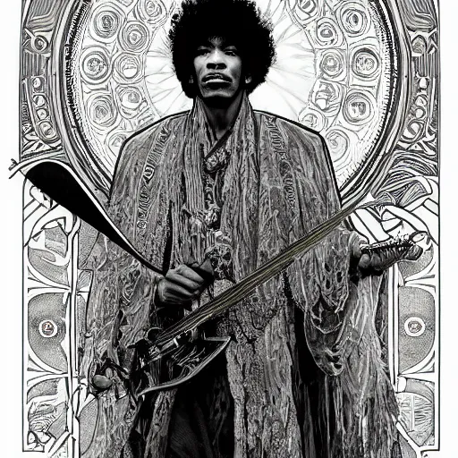 Prompt: artwork by Franklin Booth and Alphonse Mucha showing a portrait of Jimi Hendrix as a futuristic space shaman