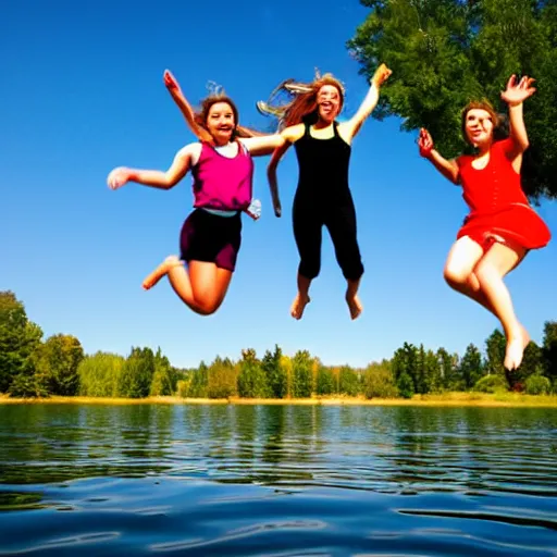 Image similar to girls jumping off a dock into lake silhouette