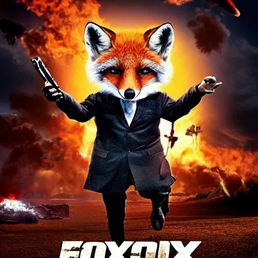 Image similar to hdr quality poster for an action movie called “ fox frigate ”, fearing cool looking anthropomorphic male fox in suit, stealing lots of fried chicken, promotional media