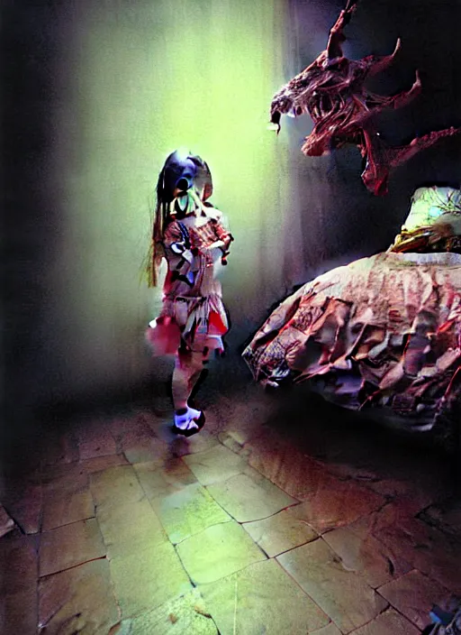 Prompt: realistic detailed image of a little girl in the room with a little monster hiding!!! and lurking under the bed in the shadows!!!. by Ayami Kojima, Amano, Karol Bak, Greg Hildebrandt. rich deep colors. Beksinski painting, part by Adrian Ghenie and Gerhard Richter. art by Takato Yamamoto. masterpiece