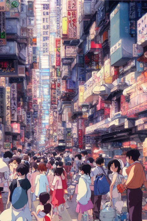Image similar to Still from Studio Ghibli movie 'Lost in Crowded Tokyo', very detailed, focused, oil painting, colorful, canvas, artstation, Antoine Pierre Mongin