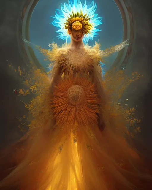Prompt: Full View Portrait Mystical ethereal sunflower deity wearing beautiful dress, sunflower Dryad beautiful dress, 4k digital masterpiece by Greg Rutkowski and Ruan Jia and rossdraws, Alberto Seveso, fantasycore, Hyperdetailed, realistic oil on linen, soft lighting, Iconography background, featured on Artstation