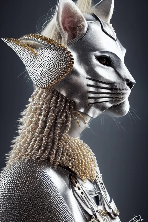 Image similar to female knight wearing a real cat on her head, armor designed by wayne barlowe, swarovski and tiffany, blonde hair, symmetry, sci - fi, cinematic, elegant, luxury, perfect light, perfect composition, dlsr photography, sharp focus, dark fantasy, 4 k, ultra hd, sense of awe, highly detailed, realistic, intricate