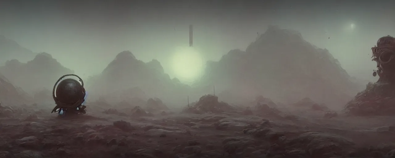 Image similar to ” outer planet with thick fog and alien artefacts, [ cinematic, detailed, epic, widescreen, opening, establishing, mattepainting, photorealistic, realistic textures, octane render, art by paul lehr ] ”