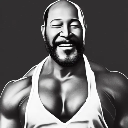 Image similar to marvin gaye with the physique of a body builder, hyper realistic and ultra detailed face, cinematic, dynamic lighting, photorealistic, refined, intricate, digital art, digital painting, masterpiece, 8k