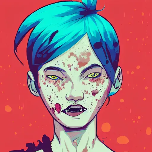 Prompt: Highly detailed portrait of pretty punk zombie young lady with freckles by Atey Ghailan, by Loish, by Bryan Lee O'Malley, by Cliff Chiang, inspired by image comics, inspired by graphic novel cover art, inspired by papergirls !! Gradient color scheme ((grafitti tag brick wall background)), trending on artstation