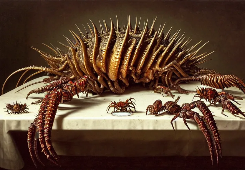 Prompt: an opulent banquet of food on a table covered with spiny hissing cockroaches and huge spiny hermit crabs and huge spiny earthworms. rainbow giger ’ s xenomorph. the thing. the blob. reclaimed lumber, detailed and intricate environment, hyperrealism, food photography, rembrandt