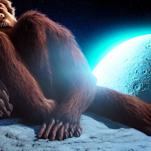 Prompt: Bigfoot sleeping on the moon, beautiful lighting,,digital art , highly detailed , high contrast, beautiful lighting, award winning , trending on art station, 8k, photo realistic,unreal engine 5