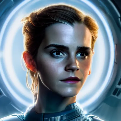 Prompt: a highly detailed matte portrait of emma watson dressed as seven of nine, scifi by star trek, unreal engine, volumetric lighting, exquisite detail, 8 k, art by greg rutkowski and alphonse mucha