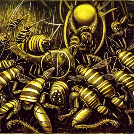 Prompt: bumblebees attacking sleeping people in hell, art by bosch and h. r. giger, highly detailed, masterpiece