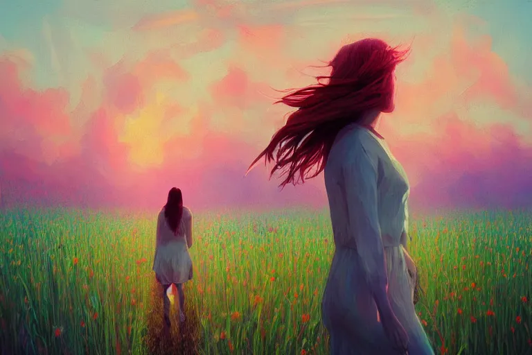 Image similar to giant gladiola head, girl walking in field of flowers, surreal photography, sunrise, blue sky, dramatic light, impressionist painting, digital painting, artstation, simon stalenhag