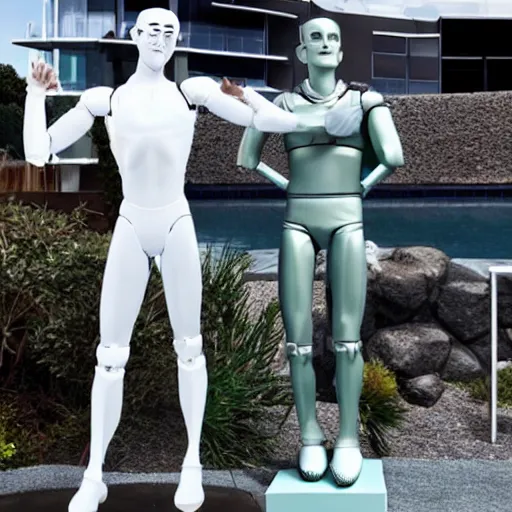 Image similar to a realistic detailed photo of a guy who is an attractive humanoid who is half robot and half humanoid, who is a male android, wrestler bryce meredith, shiny skin, posing like a statue, blank stare, by the pool, on display, showing off his muscles, humanoid robot, frozen ice statue