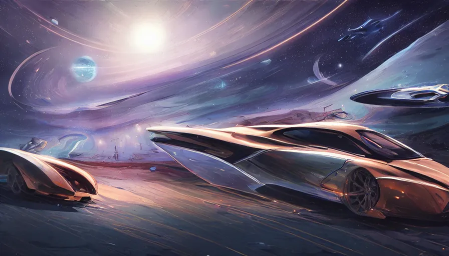 Image similar to whitr and royal blue luxurious concept sportscar driving down on a luxurious road on interstellar solar system with nearby planets seen from the distance, advanced highway, star trek style, by peter mohrbacher, jeremy mann, francoise nielly, android james, ross tran, beautiful, award winning scenery, 4 k, clean details, serene, sakura season