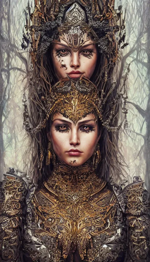 Prompt: oil painting of fantasy female warrior, symmetrical face, beautiful face, intricate jewellery, filigree armour, tattooed face, tribal tattoos, big earrings, shining eyes, crystals, covered in plants, standing in the mystical forest, realistic oil painting, baroque, renaissance painting, dramatic, cinematic light, trending on artstation, rule of thirds, highly detailed