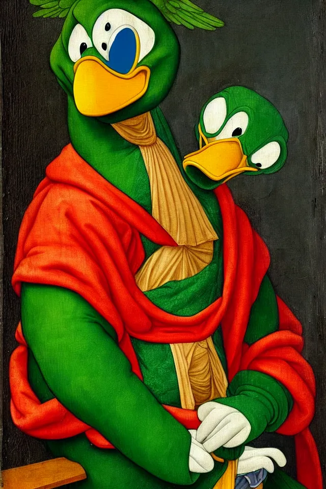 Image similar to a renaissance portrait of donald duck as a green parrot ninja turtle, beautiful intricate painting