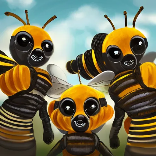 Image similar to a super cute team of bees wearing ninja gear, hyperrealistic, digital art, 4 k