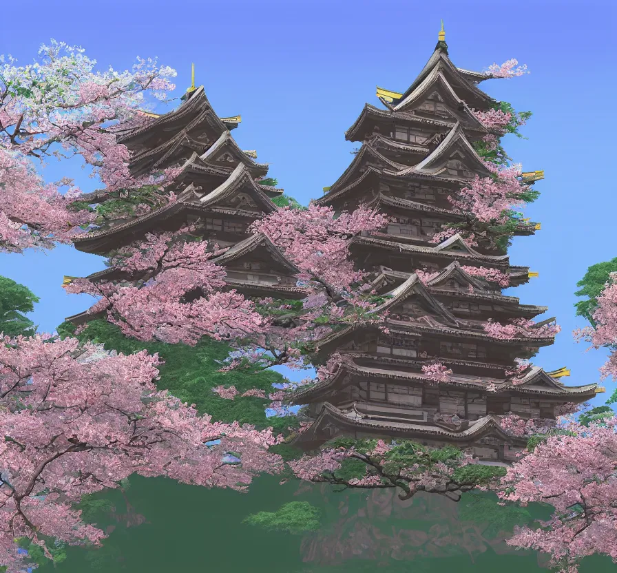 Image similar to realistic japan castle + sakura, pixel art, 3 d, unreal engine 5, wallpaper, 8 k, ultra detailed, realistic photo, artstation