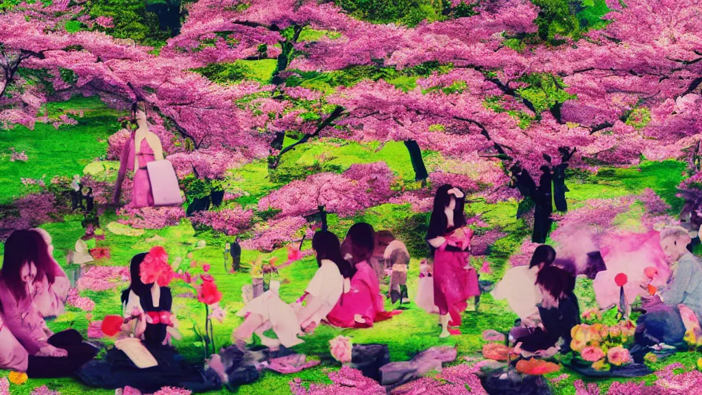 Image similar to a small group of people flower viewing sakura picnic, japan, a collage painting, in the style of wes anderson, lola dupre, david hockney, isolated on negative white space background dark monochrome neon fluorescent spraypaint accents volumetric octane render