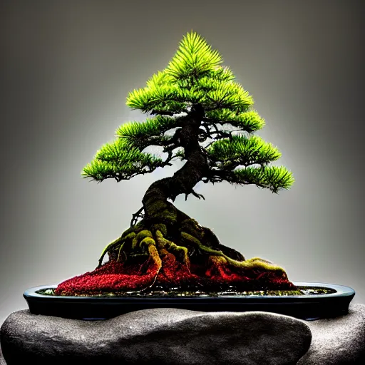 Prompt: fhoto bonsai fir on a multicolored very beautiful stone with cracks, magical, in lake, fog, medium shot, volumetric lighting, beautiful, sharp focus, ultra detailed, cgsociety by leesha hannigan, thierry doizon, kai carpenter, noir art house, 4 k, 3 5 mm, fujifilm