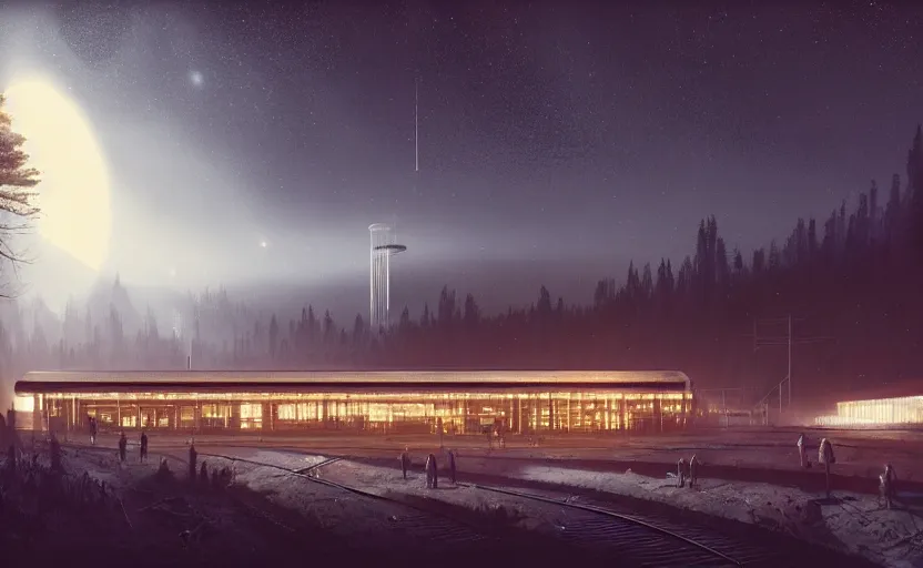 Prompt: exterior shot of utopian train station on in the middle of galaxy with cinematic lighting by peter zumthor and renzo piano, darek zabrocki and greg ruthkowski, simon stalenhag, cinematic, holy place, paradise, scifi, futurism, atmospheric, concept art, artstation, trending on artstation