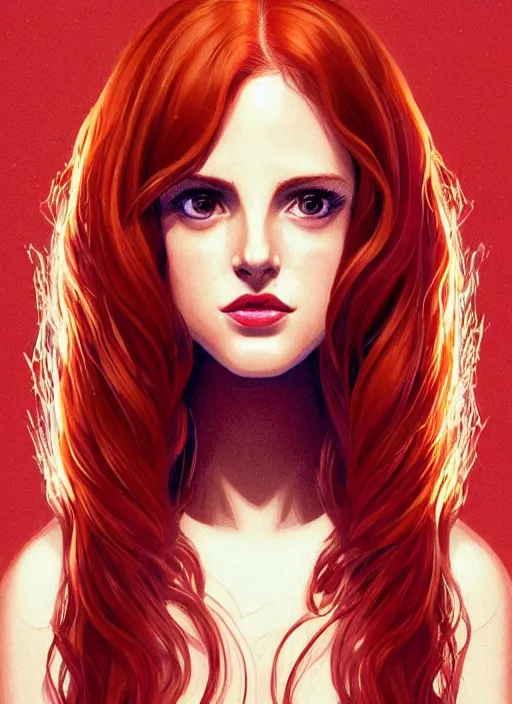 Image similar to full body portrait of teenage cheryl blossom, bangs, green eyes, mischievous expression, red hair, sultry smirk, bangs and wavy hair, intricate, elegant, glowing lights, highly detailed, digital painting, artstation, concept art, smooth, sharp focus, illustration, art by wlop, mars ravelo and greg rutkowski