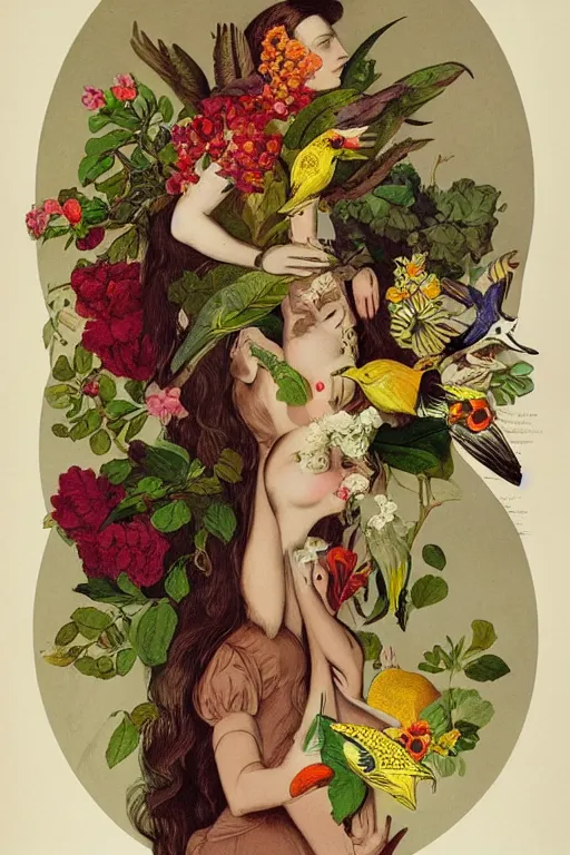 Image similar to beautiful girl Amalgamation with flowers, fruits, birds by Beto Val, John James Audubon, vintage illustration, bizarre compositions, Exquisite detail