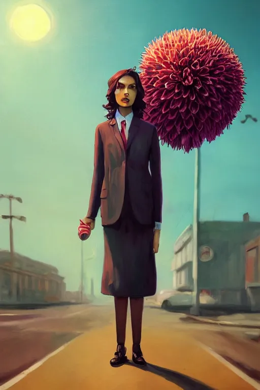 Image similar to portrait giant dahlia flower head, frontal, girl in a suit, standing in street, surreal photography, sunrise, dramatic light, impressionist painting, digital painting, artstation, simon stalenhag