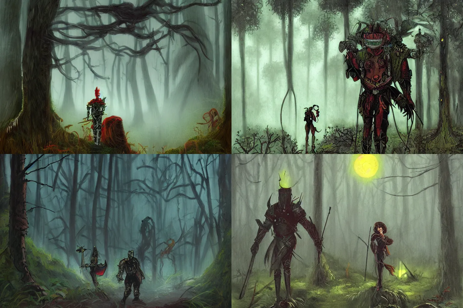 Prompt: solarpunk knight emerging from foggy lush damp cold forest by Ralph Bakshi