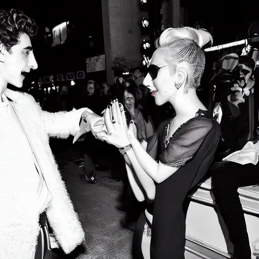 Prompt: timothee chalamet and lady gaga meet eachother photographed by pascal rostain, highly beautiful faces, highly detailed
