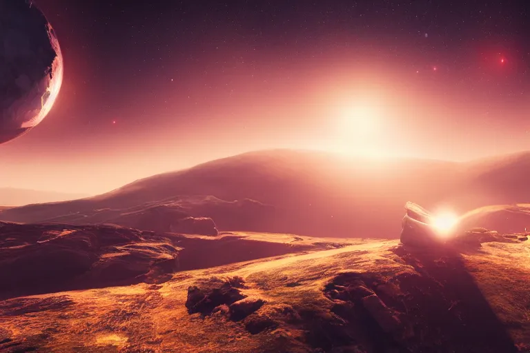 Image similar to cosmic dream landscape, cinematic, octane render, hyper detailed, lens flare, 4 k