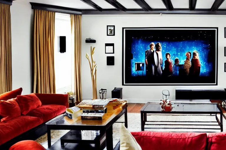 Image similar to very wide angle, a modern home movie theater with big screen, stylish wall sconces, old popcorn machine!, movie posters!, very happy and cozy, interior designed by kelly wearstler, rough watercolor painting