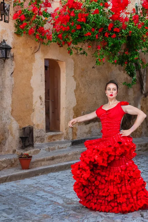 Image similar to spanish flamenco dancer in mallorca wearing a red dress made of flowers, photo realistic, extreme detail skin, natural beauty, no filter, slr, golden hour, 4 k, high definition, selfie