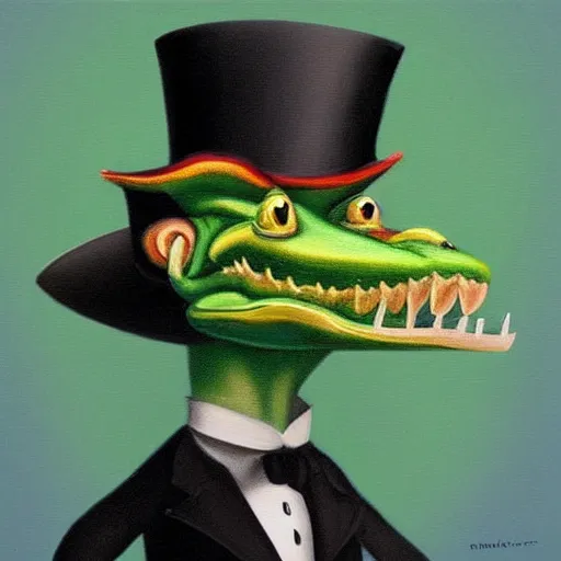 Prompt: “an anthropomorphic crocodile wearing a top hat and monocle, dapper, highly detailed, oil on canvas”