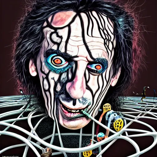 Image similar to graphic illustration, creative design, alice cooper as salvador dali, biopunk, francis bacon, highly detailed, hunter s thompson, concept art