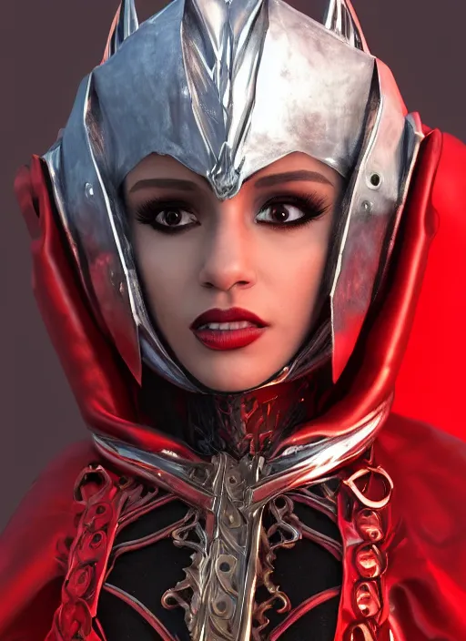 Image similar to Hades Ariana Grande wearing metal and leather fantasy battle armor with a red cloak by Ilya Kushvikov, symmetrical face concept art, octane render unreal engine meta humans, artstation