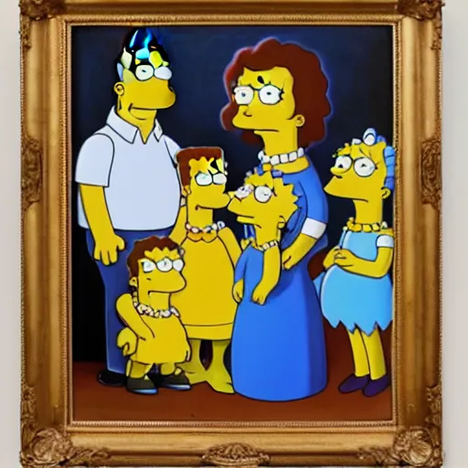 Prompt: oil on canvas painting of a family portrait of the simpsons in the style of gustave courbet, 2 d, ue 5, 8 k, 4 k