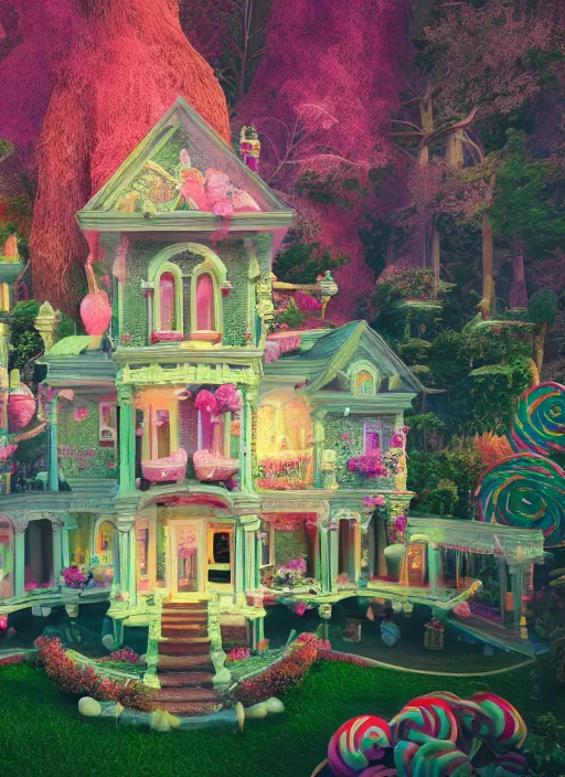 Prompt: Magical enchanted house on a candy biome full of candys, cotton candy trees, cinematic shot, intricate, ornate, photorealistic, ultra detailed, realistic, 100mm, photography, octane, high definition, depth of field, bokeh, 8k, artstation