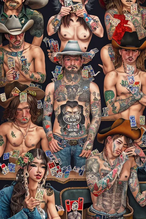 Prompt: full view, from a distance, of cowboys with tattoos, in the saloon playing card games, style of yoshii chie and hikari shimoda and martine johanna, highly detailed