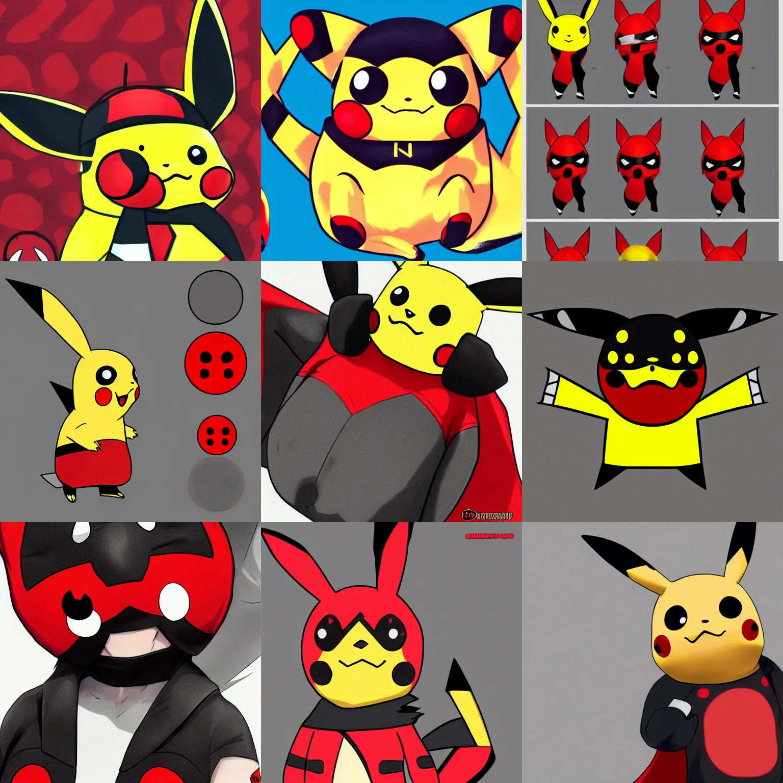 Prompt: pikachu wearing a black and red spotted eye mask and a ladybug suit. superhero pose. professional anime style, trending on artstation