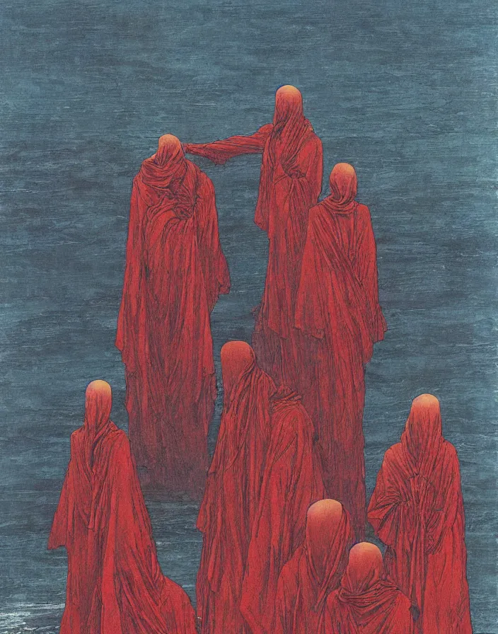 Image similar to worshippers in red robes belonging to the cult of the lighthouse clambering out of the water and entering the light house, high detailed beksinski painting, part by adrian ghenie and gerhard richter. art by takato yamamoto. masterpiece, deep colours, blue